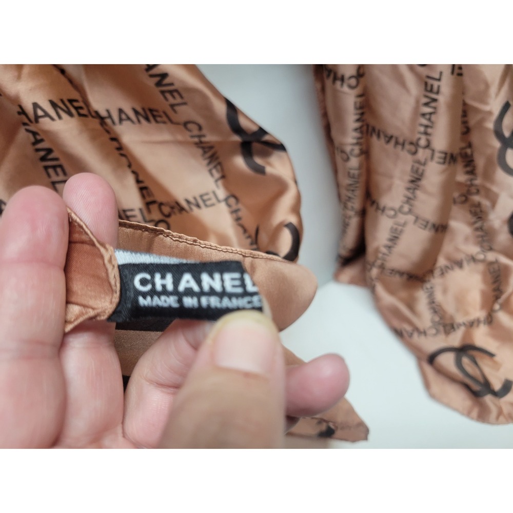 Chanel Silk Scarf CC Logo Print Beige Made in France Luxury Accessory 72x36 - Picture 5 of 7